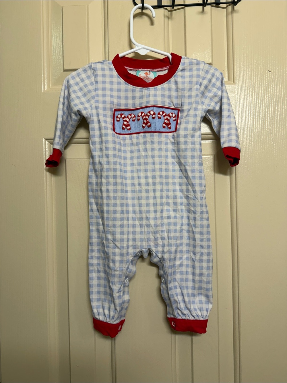 Blue Gingham Footed One-Piece with Candy Cane Appliqué - Red Trim